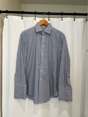 Jos. A. Bank Blue and White checkered Dress Shirt/Needs cuff links